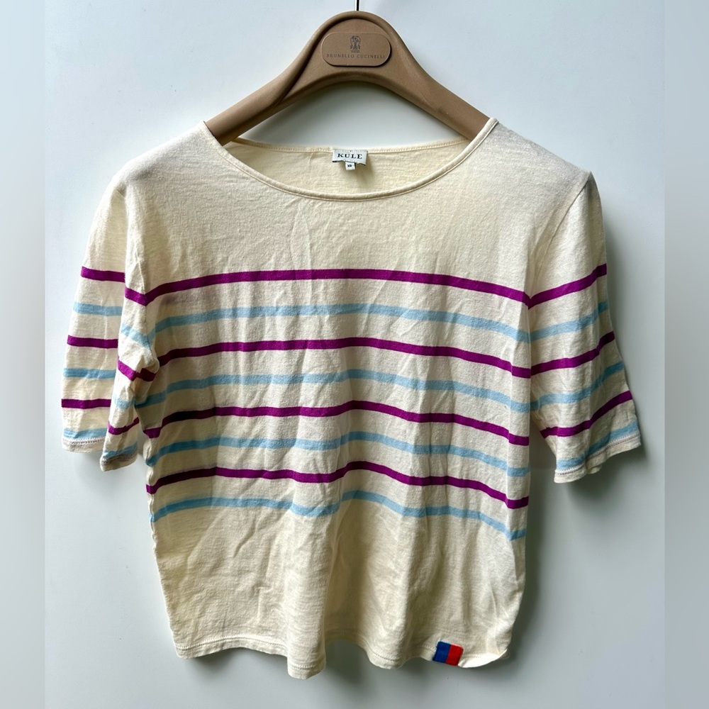 Kule Cream Purple & Blue Striped Women's Top Tee, EUC, size XS
